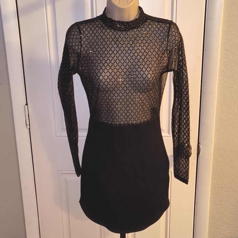 Agaci Black/Gold L/S Form-Fitting Dress w/Sheer Upper MEDIUM